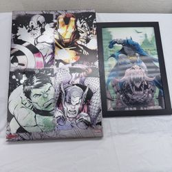 Superhero Wall Art Set of 2 — Marvel Avengers Canvas + Framed Batman Print — Game Room Decor