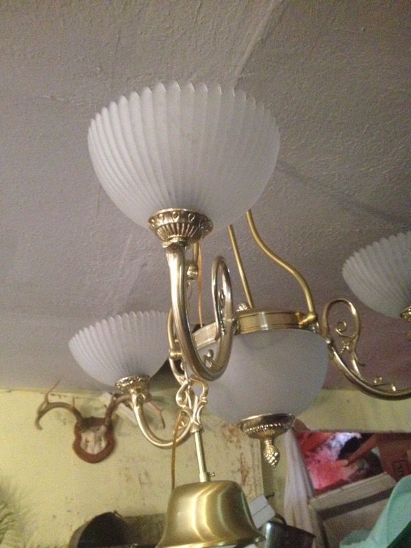 THREE LIGHT FROSTED SHADE BRASS CHANDELIER $85.00