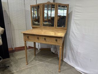 Antique Wooden Vanity with Matching Tri-Fold Mirror