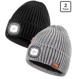 🆕 in 📦2Pack Beanie with Light for Men,Built in Rechargeable,Winter Warm,Knitted Headlamp Caps,Gift for Men Dads Husband,Led Beanie Hats with Light(B