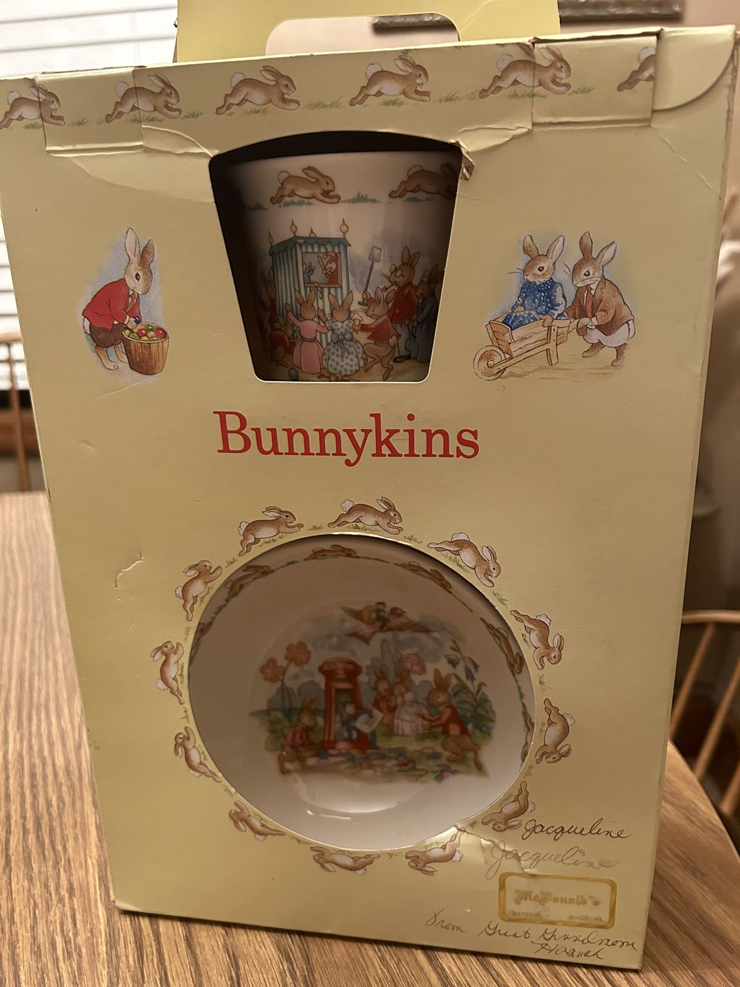 Royal Doulton Bunnykins - box date 1989 Vintage Royal Doulton Bunnykins Set - Plate Bowl  Cup 1936 fine bone china  8" plate 6" bowl  3.5" cup Childs 