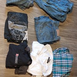 Box of Men's Clothes, Button Up Dress Shirts, Jeans, Jacket, 2xl XXL, Stripes, Blue