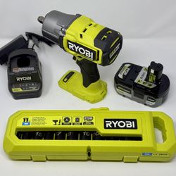 Ryobi Brushless 18V 1/2" High Torque Impact Wrench +HP 6.0 Battery +Charger +Sockets 