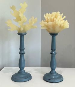 Pair of Unique Freshly Painted & Distressed Slate Blue Wood Candleholders with Cream Faux Coral Tops
