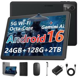 New 10 Inch Tablet, Latest Android 16 Tablet 24GB+128GB+2TB TF, 8000mAh Battery,Dual Camera,WiFi 6, BT 5.4, 2-in-1 Tablets with Keyboard Mouse Pen Pro