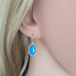 small Gold Blue hexagon oval faceted Dangle earrings