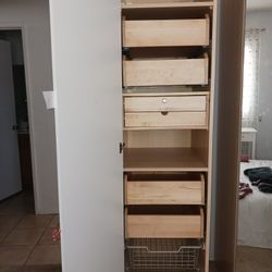Ikea White Cabinet  With Drawers, Shelves, And Basket.