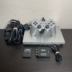 PS2 Slim Silver 79001 model bundle with HDMI converter and brand new laser
