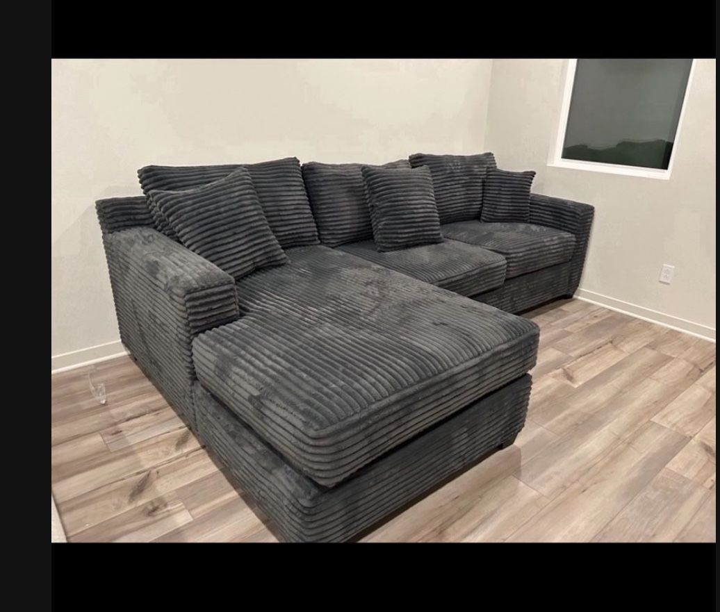 Brand New Super Plush Charcoal Grey Corduroy Sectional