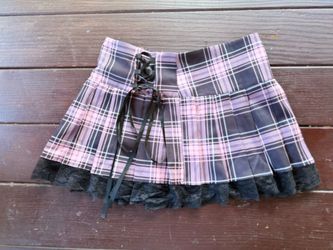 Purple Plaid Pleated Mini Skirt Lace Up Detail Womens M