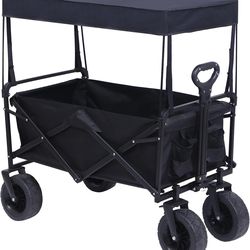 Nice C Heavy Duty Wagon, Collapsible Wagon with Canopy, Black, Steel, 4 Wheels, 33 × 22.4 x 7.6 inches