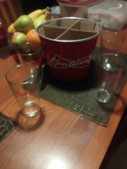 Budweiser ice bucket and glasses