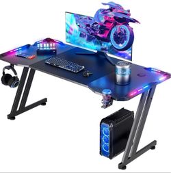 HLDIRECT 47 Inch Gaming Desk with LED Lights, Large RGB Computer Gaming Desk Table with Cup Holder Headphone Hook Mouse Pad, Ergonomic Modern Carbon F