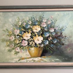 Large Vintage Mid Century Modern Floral Signed B. Tracy Acrylic on Canvas Painting"