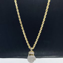 14k Solid Gold Rope Diamond Cut Chain With boxing glove🥊 Diamond Pendant , Necklance Gold  Pendant
