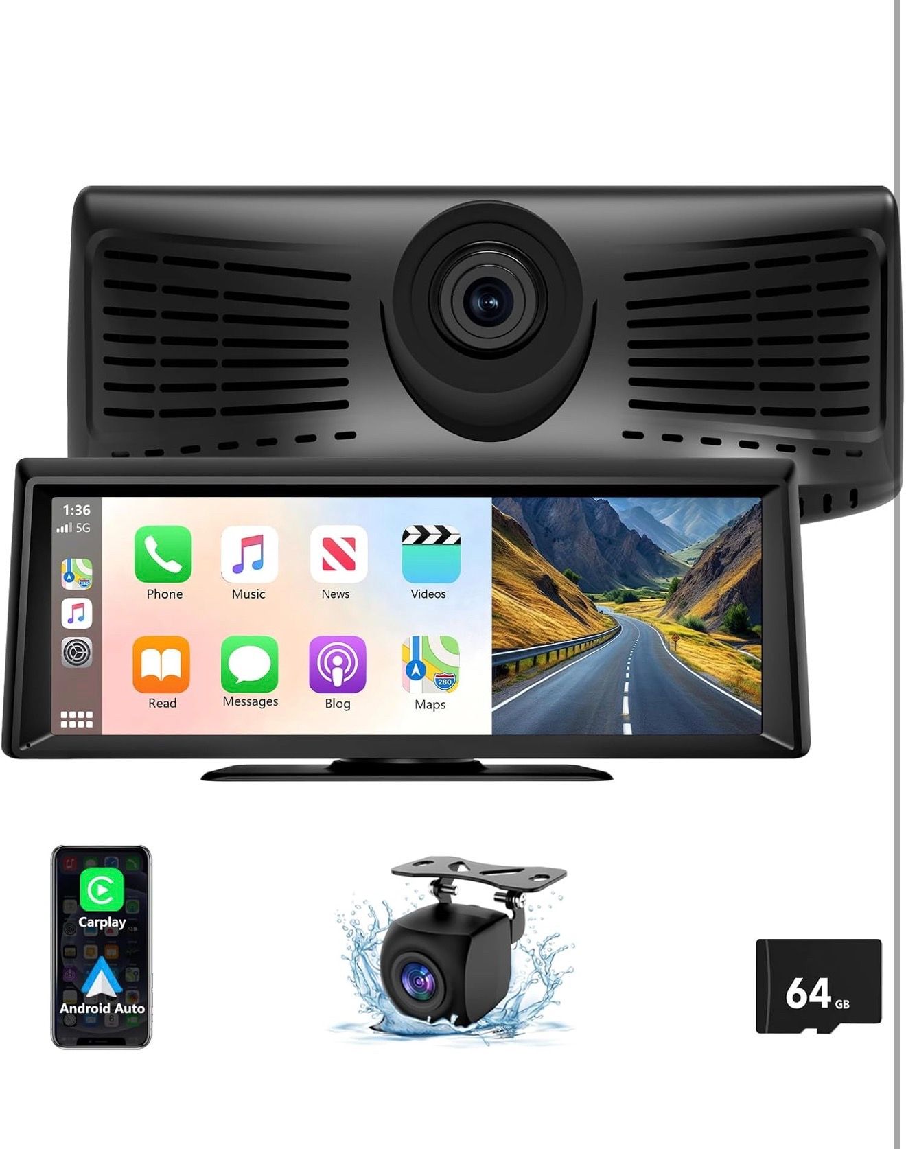 8.1" Portable Wireless Carplay Screen for Car, 2K Dash Cam & 1080P Backup Camera, Touchscreen Car Stereo with Apple Car Play/Android Auto, GPS, Blueto