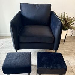 Modern Black Velvet Chair with 2 Matching Foot Stools 🖤