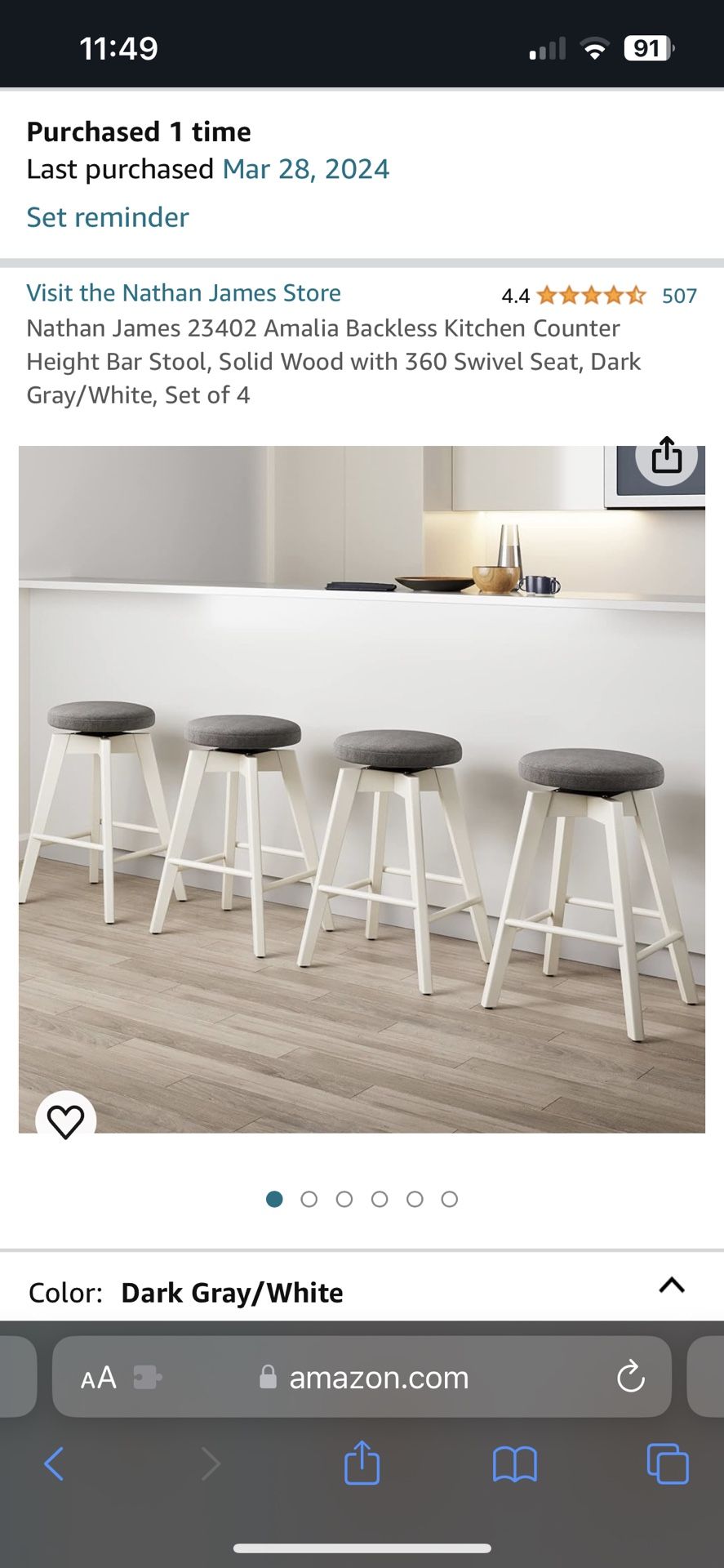 Bar stool Nathan James Amalia Backless Kitchen Counter Height Bar Stool, Solid Wood with 360 Swivel Seat, Dark Gray/White, Set of 4