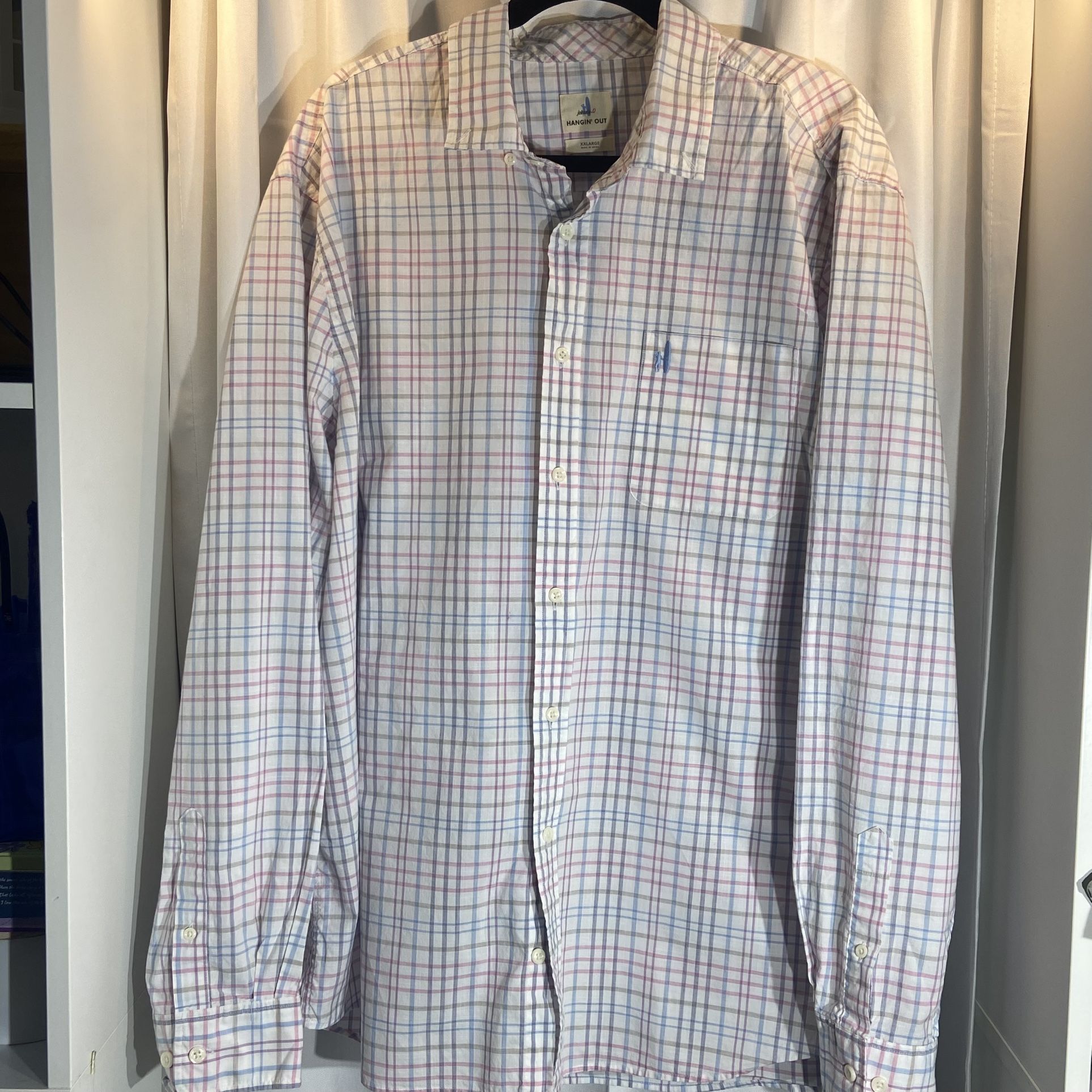 Johnnie O Shirt Mens XXL White Hangin Out Plaid Check Button Down Casual 
