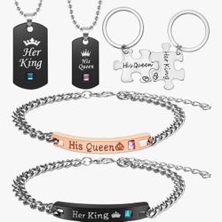 6 Piece Her King His Queen Necklace Bracelet Couple Necklace Bracelet Keychain Set 