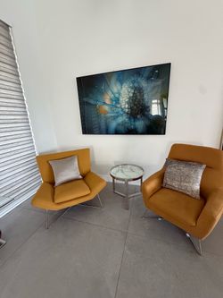 Pair of Mustard Yellow Accent Chairs and Marble Side Table