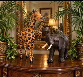 Giraffe & Elephant Vintage Leather Wrapped sculptures