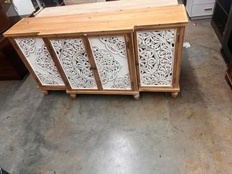 63" Hollow Carving Buffet Table Coffee Bar Wine Storage Cabinet w/4 Doors, Distressed Wood Display Credenza with Adjustable Shelf **DAMAGE**