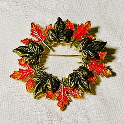 Colorful Festive Fall Leaves Wreath Enamel Brooch