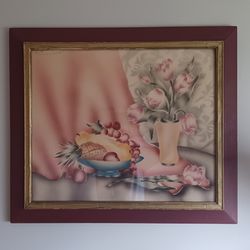 Large Terone-type Art Deco airbrushed or water color still life painting in old 30" by 26" wooden frame.