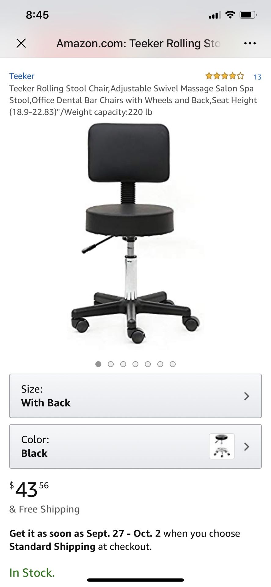 Teeker Rolling Stool Chair,Adjustable Swivel Massage Salon Spa Stool,Office Dental Bar Chairs with Wheels and Back,Seat Height (18.9-22.83)"/Weight c