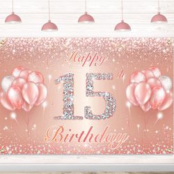 Happy 15th Birthday Banner Backdrop - 15 Birthday Party Decorations Supplies for Girls Rose Gold 4 x 11ft