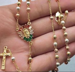 14K Gold Finish Tri-Color Bead Rosary Necklace – Red, White, Green Baguette Halo