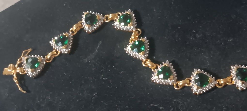Gold Over 925 Sterling Bracelet Emeralds And Diamonds