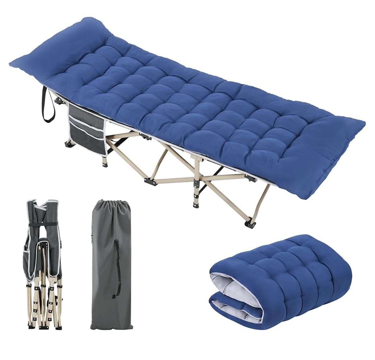 Folding Camping Cot Portable Outdoor Bed for Adults w/Mat & Storage Bag & Carry Bag, Heavy Duty Cots for Outdoor Travel & Office/Home Nap