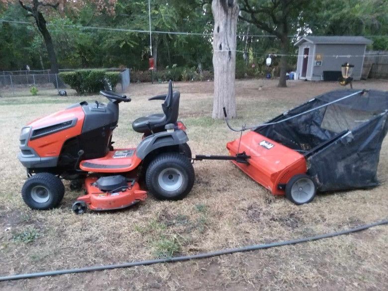 Husqvarna Riding Lawn Mower And Agri-Fab 44 In  Tow Behind Lawn Sweeper