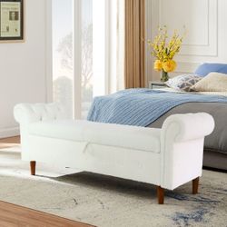 Beige Teddy Velvet Multi Functional Storage Rectangular Sofa Stool [NEW] **Assembly Req**