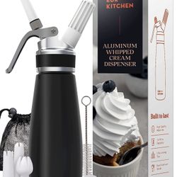 EurKitchen Professional Aluminum Whipped Cream Dispenser - Leak-Free Whip Cream Maker Canister with 3 Decorating Nozzles & Cleaning Brush - 1-Pint / 5
