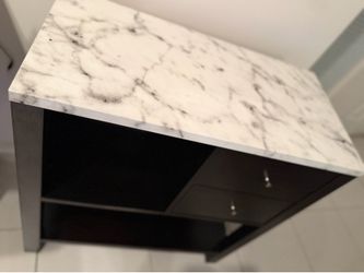 Wood Bar Desk Counter With Drawers, Dark Brown And White Marble Surface