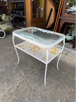 ⁠Vintage Mid Century Wrought Iron Patio Side Table w/ Glass Top 24x24x16