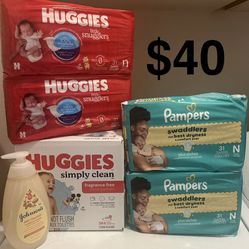 Newborn Baby Huggies/Pampers Diapers, Wipes, & Soap Bundle