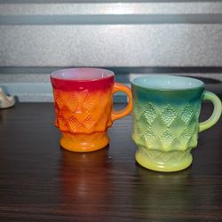 Vintage Kimberly Diamond Anchor Hocking Fire King Glass Set of 2 Mugs  Green Red