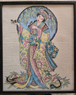 Geisha Cross Stitch Framed in Glass