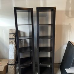 Pair of Tall Narrow Bookshelves / Display Towers – Dark Wood Finish