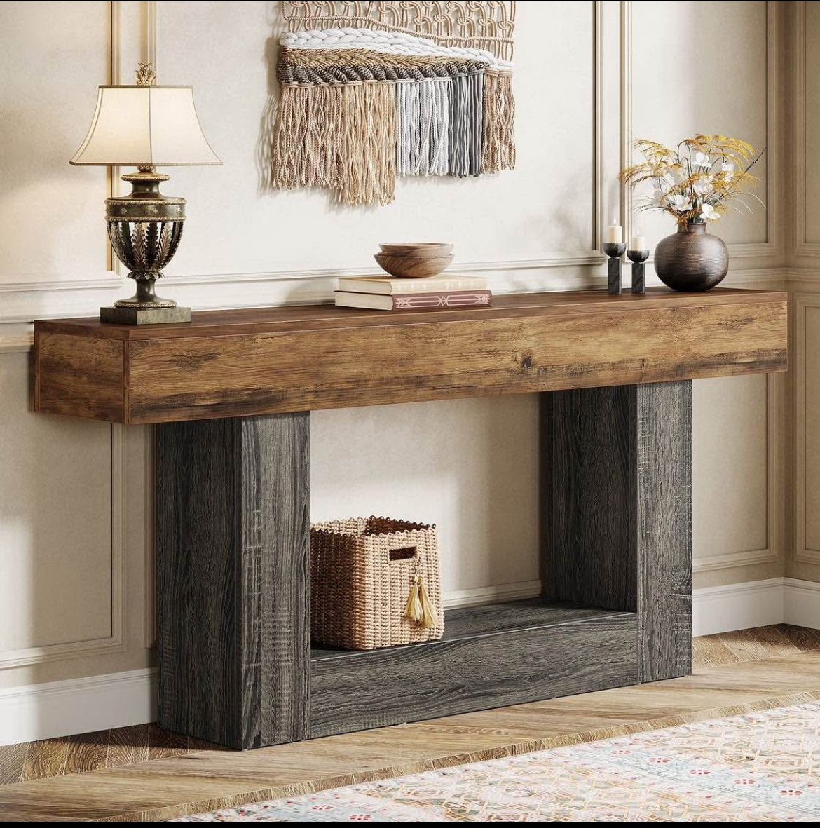 Tribesigns 63" Wooden Console Table, Farmhouse 2-Tier Sofa Table Entryway Table