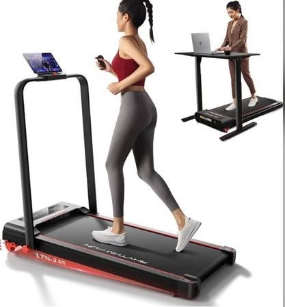NEW Rhythm Fun Walking Pad Treadmill, 3.5% Manual Incline, Foldable Handrail, Speed 0.6-5 MPH, 300lb Weight Capacity. Retail price is $199.99.