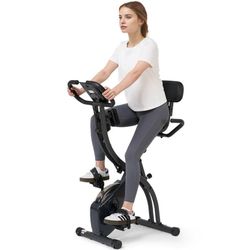 3-in-1 Exercise Bike Quiet Folding Magnetic Stationary Exercise Bikes with Arm Resistance Bands Home Workout Use 