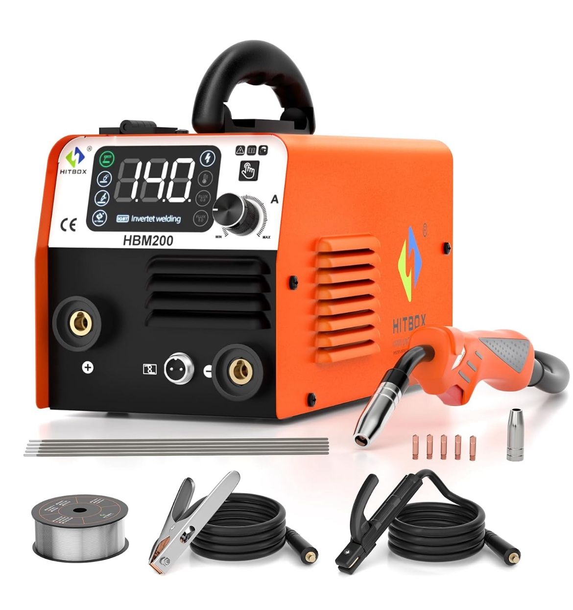 HITBOX MIG Welder 110V 200A Flux Core Welder Gasless MIG/Lift TIG/Stick 3 in 1 Portable Welding Machine Inverter Welder IGBT Wire Feed Welder with LED