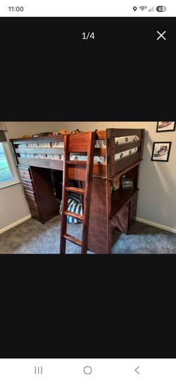 Wood Loft Bed with Desk and Drawers with mattress (clean)