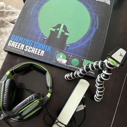 Gaming Bundle- Headphones, Gaming Chair Green Screen, Headphones with Mic & Flexible Tripod!!