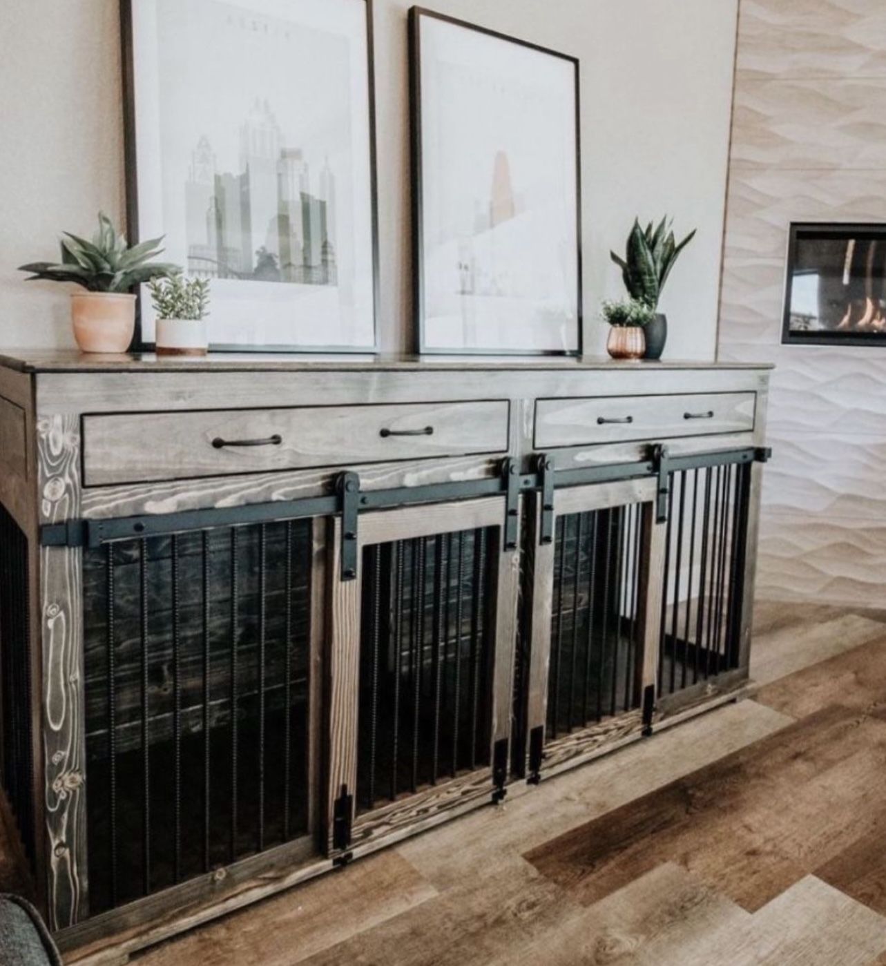 Custom Built Dog Kennel Crate Cage House Console Cabinet TV Stand Farmhouse Modern Rustic Dog Bowl Toy Bed Wood Barn Door